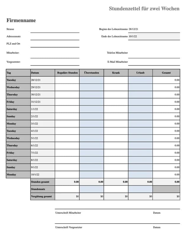 Vorschau der Excel-Vorlage für einen 14-Tage-Stundenzettel mit Ferien und Krankheit