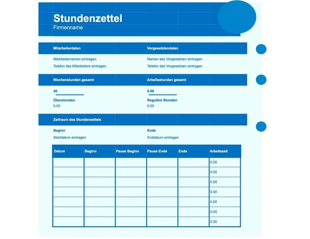 Vorschau der einfachen Excel-Vorlage für einen Stundenrapport