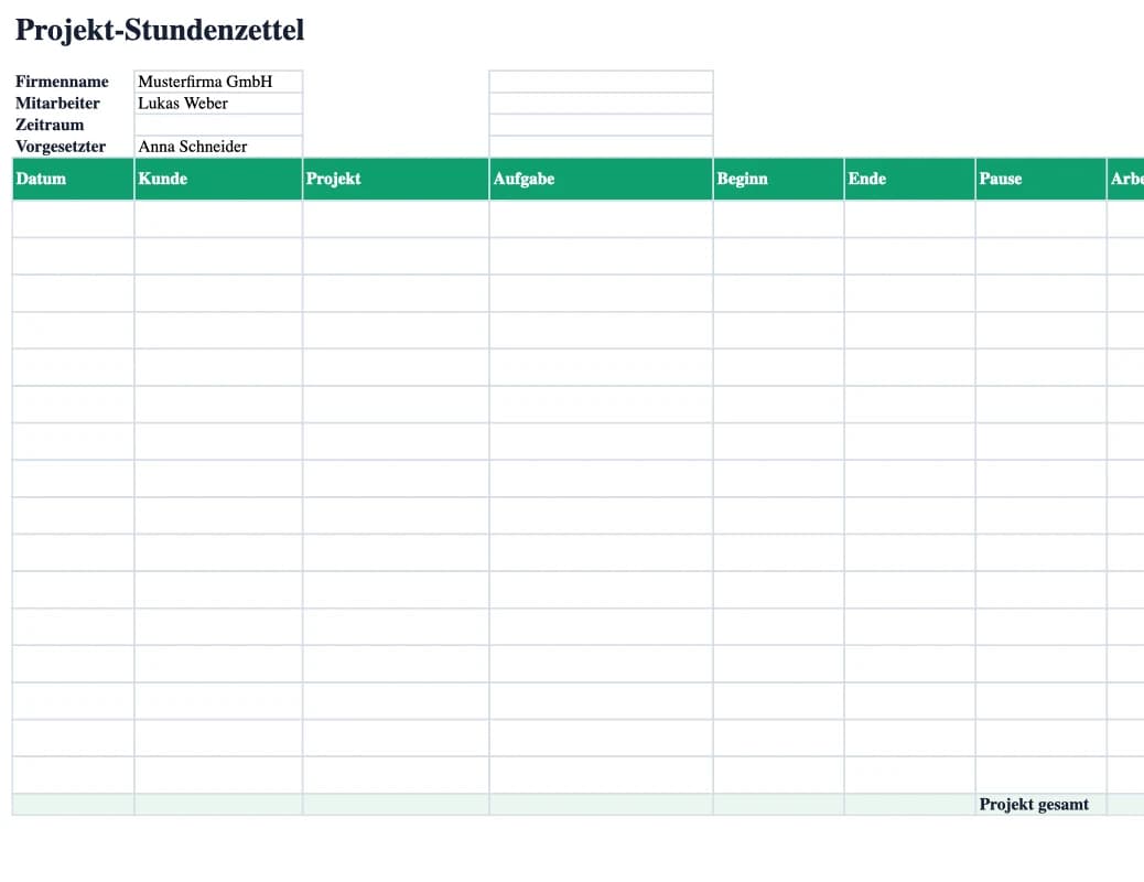 Excel-Vorschau: Projekt-Stundenzettel