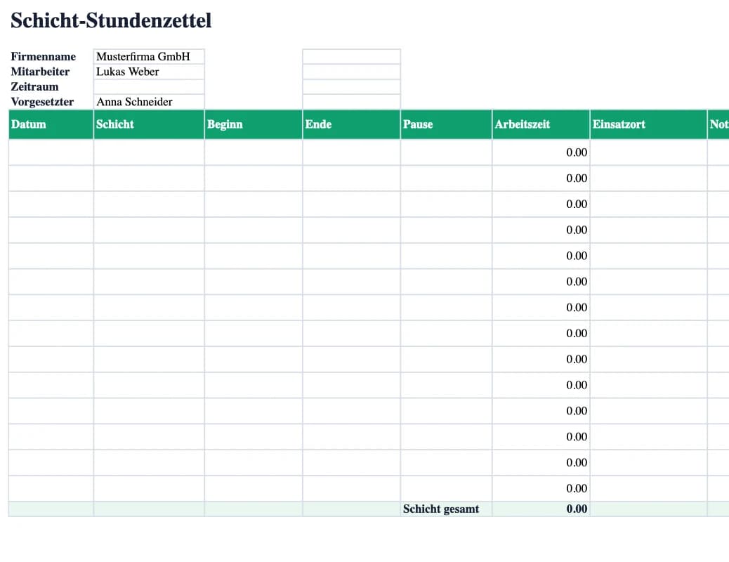 Excel-Vorschau: Schicht-Stundenzettel