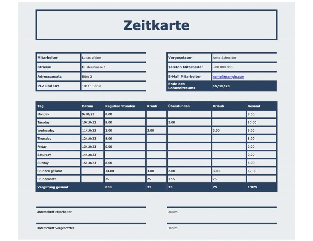 Vorschau der Excel-Stempelkarte mit Arbeitsbeginn, Arbeitsende und Pausenabzug