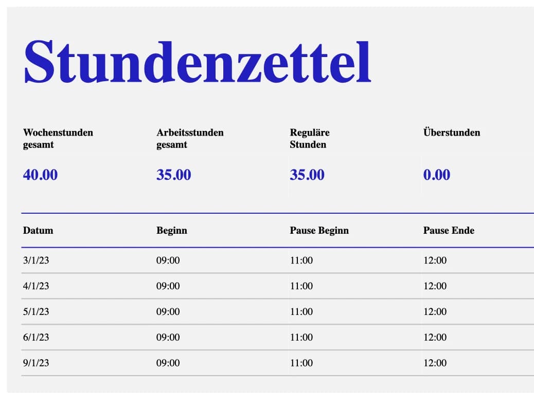 Vorschau der Excel-Vorlage für einen Wochen-Stundenzettel mit Arbeitszeit und Pausen