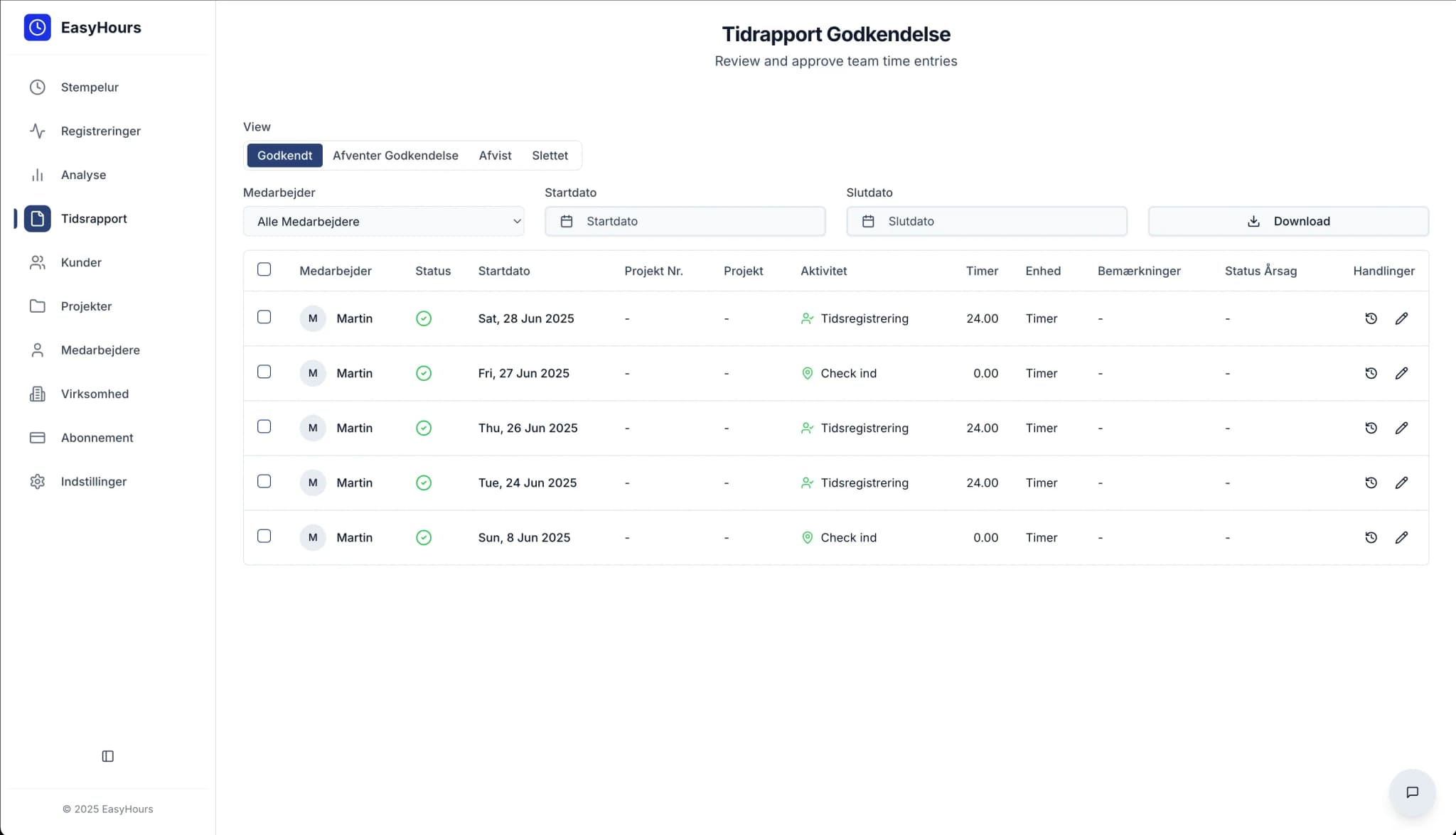 EasyHours Time Tracking Dashboard